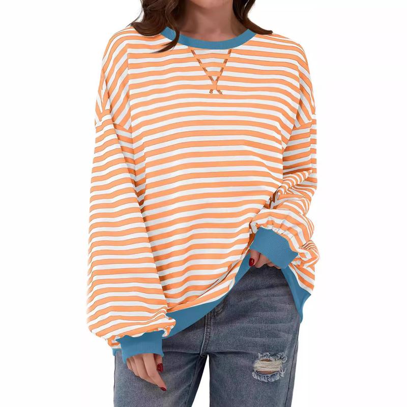 Product Introduction of Women's Colorblock Striped Print Contrast Binding Drop Shoulder Sweatshirt, Casual Long Sleeve Round Neck Pullover for Fall & Winter, Ladies Clothes for Daily Wear, Tops for Women Womenswear Hoodie Bridal Comfort Crewneck Baggy Loose 1