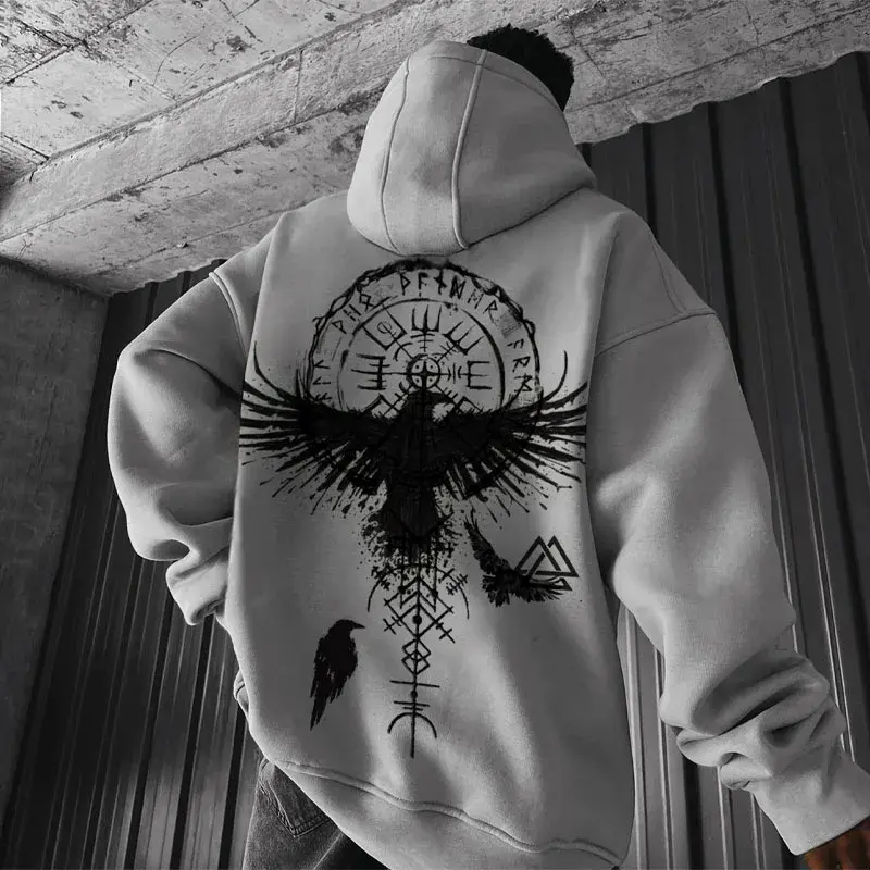Viking Totem Printed Hoodie Cotton Fleece Men's Loose Casual Eagle Super Cool Hoodie Personal Hoodie Men's Hoodie Sweatshirt Menswear Long Sleeve  Pullover