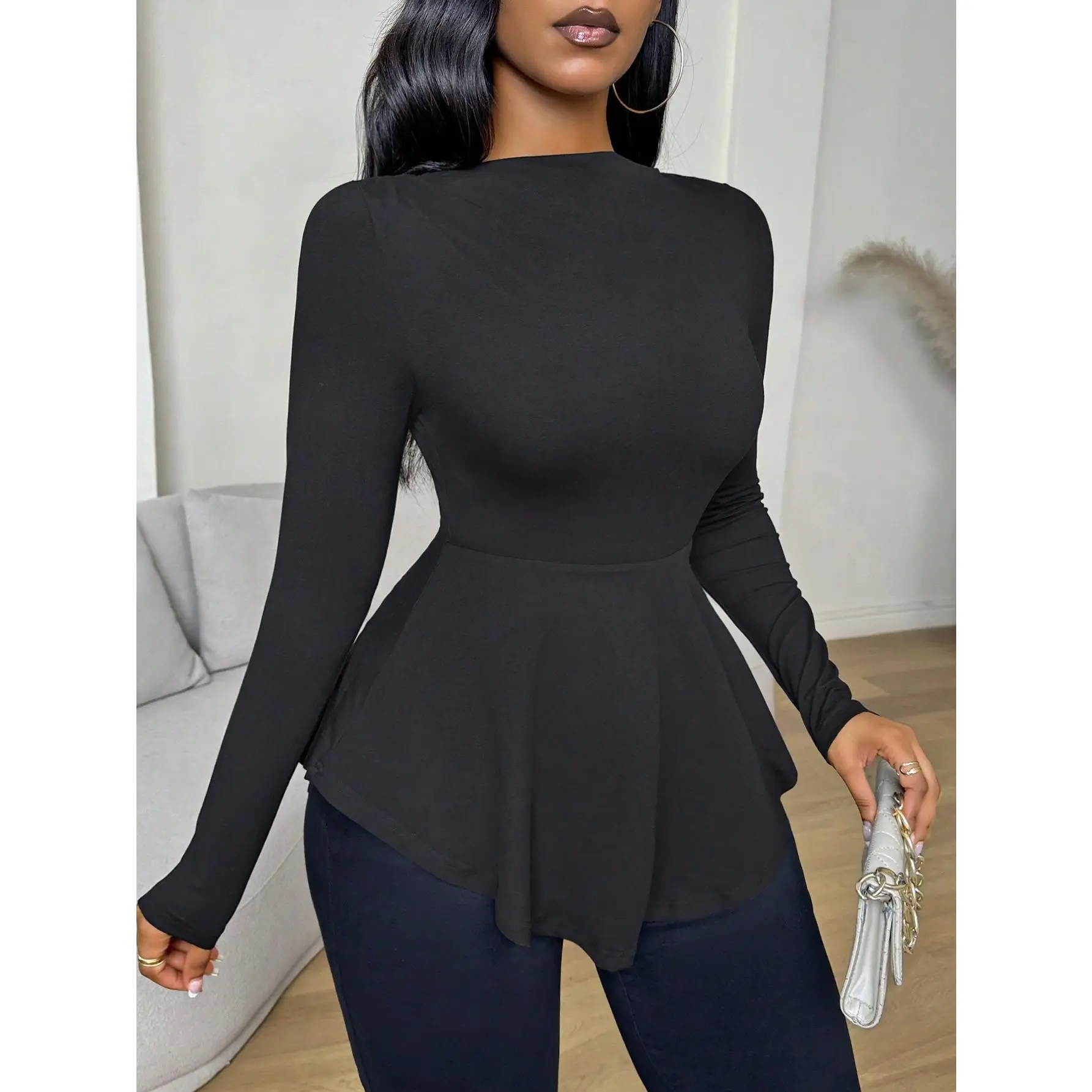 VaVaLuxe Black Off Shoulder Ruffle Hem Peplum Top Slim Fit Long Sleeve Women T-Shirt,Black Top,Fall Clothes,Fall Elegant Outfits,Flared