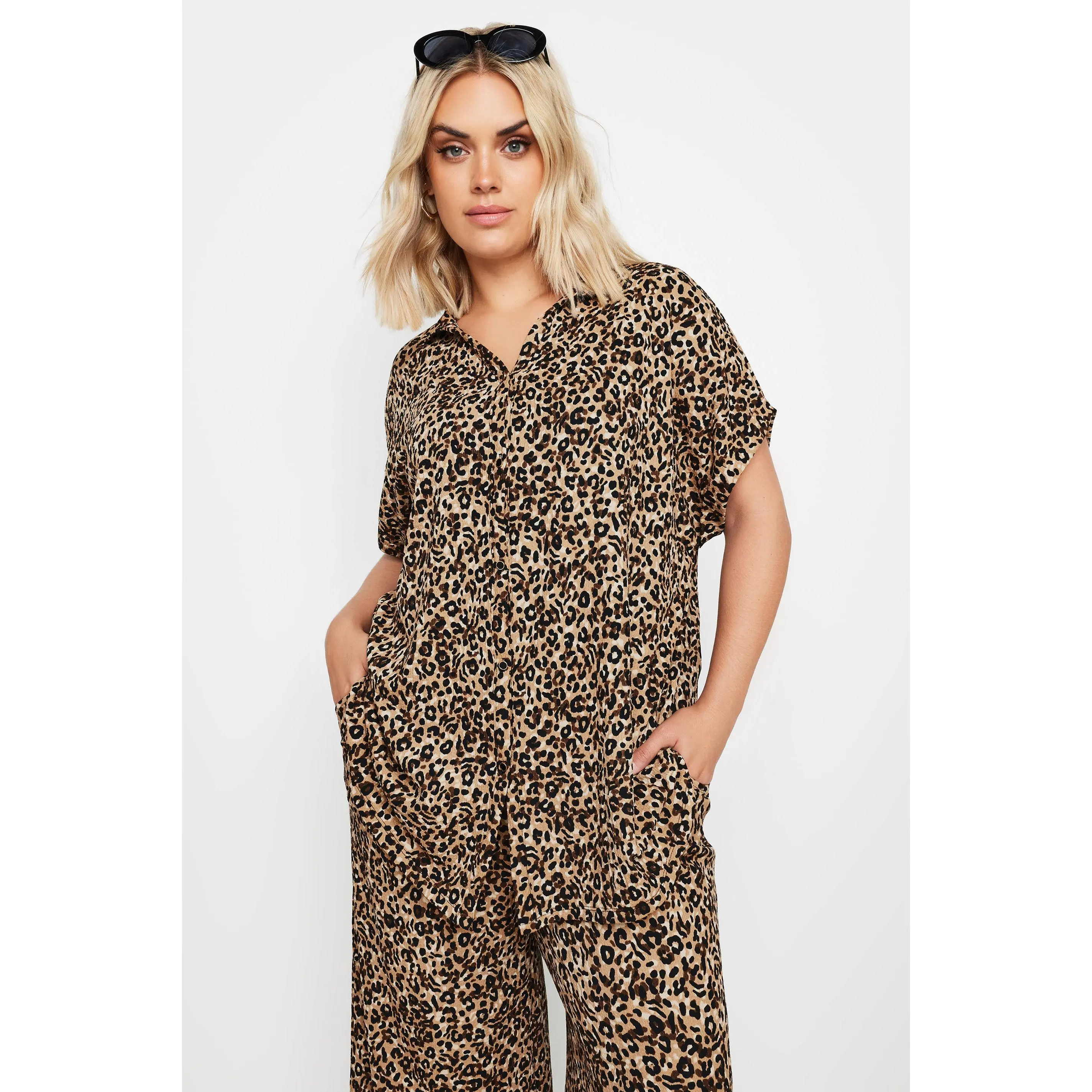 YOURS Curve Brown Leopard Print Crinkle Short Sleeve Shirt
