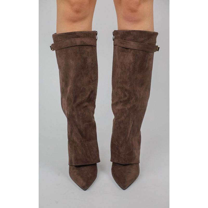 Brown Faux Suede Fold Over Shark Classic Buckle Knee High Boot 2