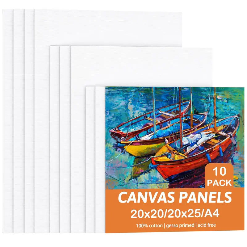 Koncci Canvas for Painting, Set of 10 Canvas Panels - 20x20cm, 20x25cm, A4(21x29.7cm), 100% Cotton Acid-Free Pre Stretched Canvas Board, Blank Painting Canvas for Art, Acrylic, Oil, Watercolor Paint 0