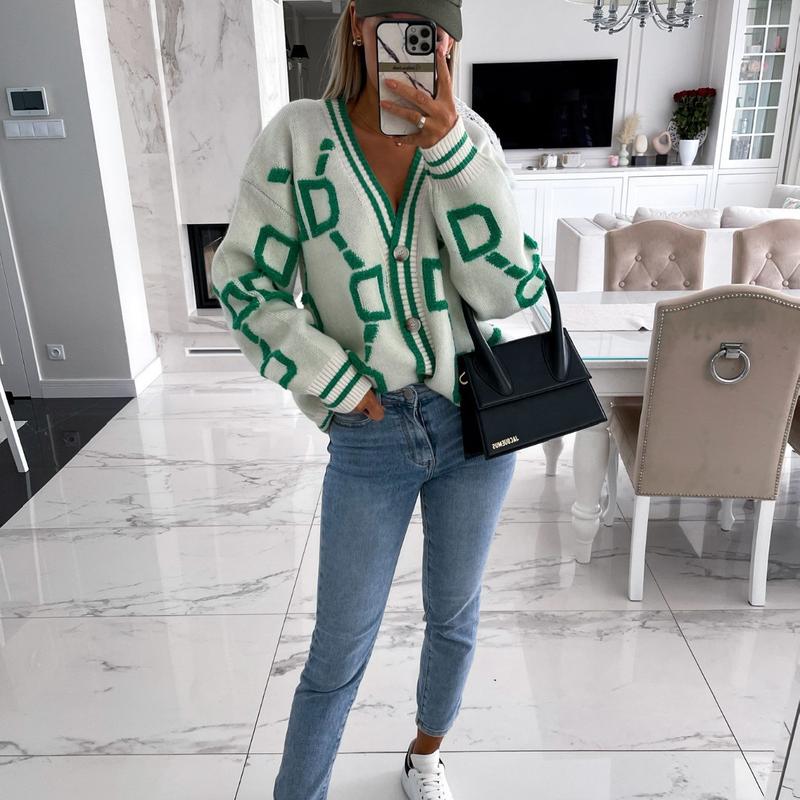 Women's Colorblock Contrast Binding Button Front Cardigan, Casual Drop Shoulder Long Sleeve V Neck Cardigan Sweater for Winter  & Fall, Ladies Knitwear for DailyWear, Workwear, Preppy 80s Clothes 4