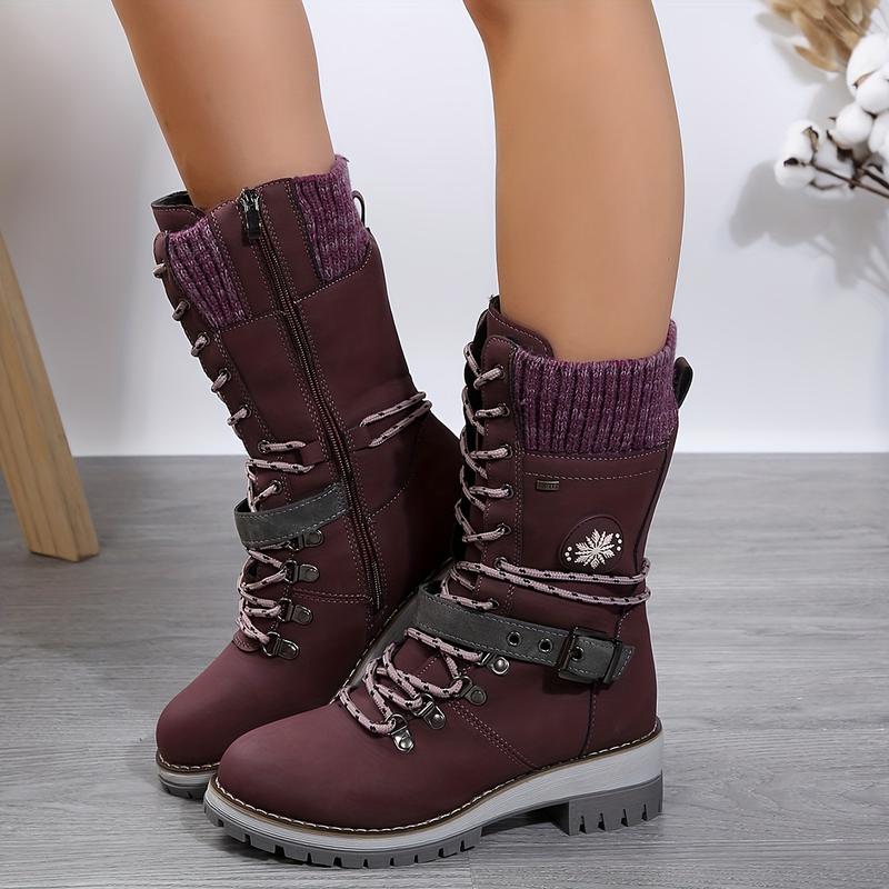Product Introduction of Stylish Knitted Mid-Calf Boots - Trendy Solid Color Winter Boots with Side Zipper, Buckle Belt, and Non-Slip Sole for Women - Perfect for Cold Weather and Casual Occasions 0
