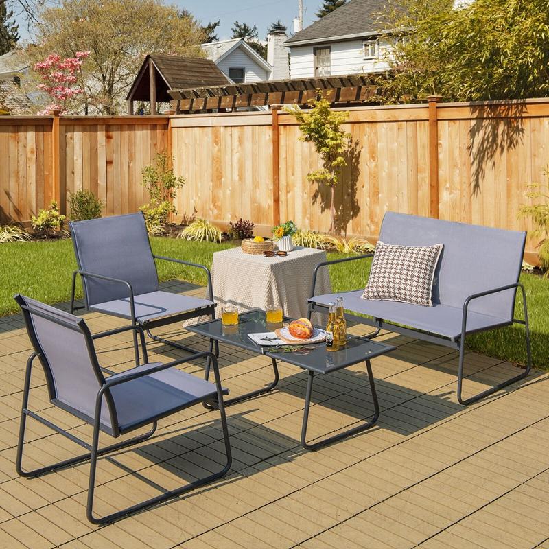 4 Piece Garden Patio Bistro Furniture Set with Loveseat, Coffee Table and 2 Chairs 7
