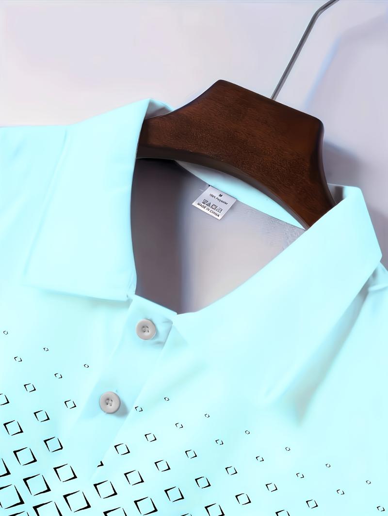Product Introduction of Men'S Casual Short Sleeve Lapel Collar Shirt with Diamond Print, 100% Polyester Knit Fabric, Slight Stretch, Regular Fit, Spring/Fall Lapel Collar with Button Detail 7