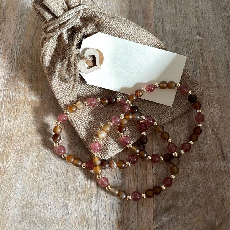 7IN - Strawberry Quartz & Frosted Agate -Natural Crystal Gemstone - Elasticated Beaded Bracelet - ABUNDANCE - Crystal Healing Benefits / Love / Grounding / Calming / 1