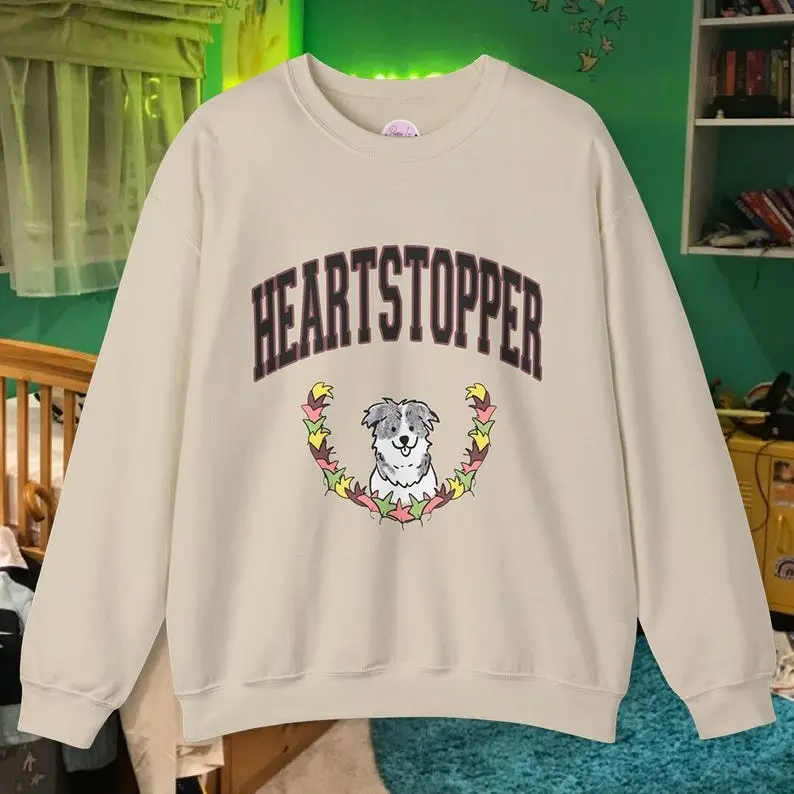 Heartstopper Varsity Sweatshirt with Nellie the Dog, Autumn Leaves Print, Unisex Crewneck, Comic Theme, Gift for Book Lovers Menswear Hoodie