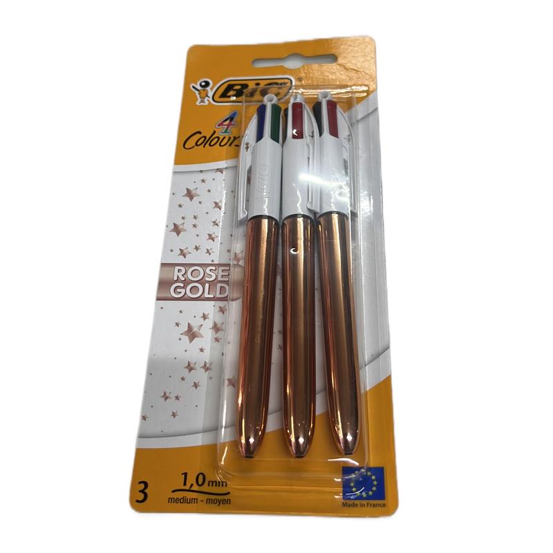 3 Pack BIC 4 Multi Colour Shine Ballpoint Pens in Blue with ROSE GOLD Accents 2