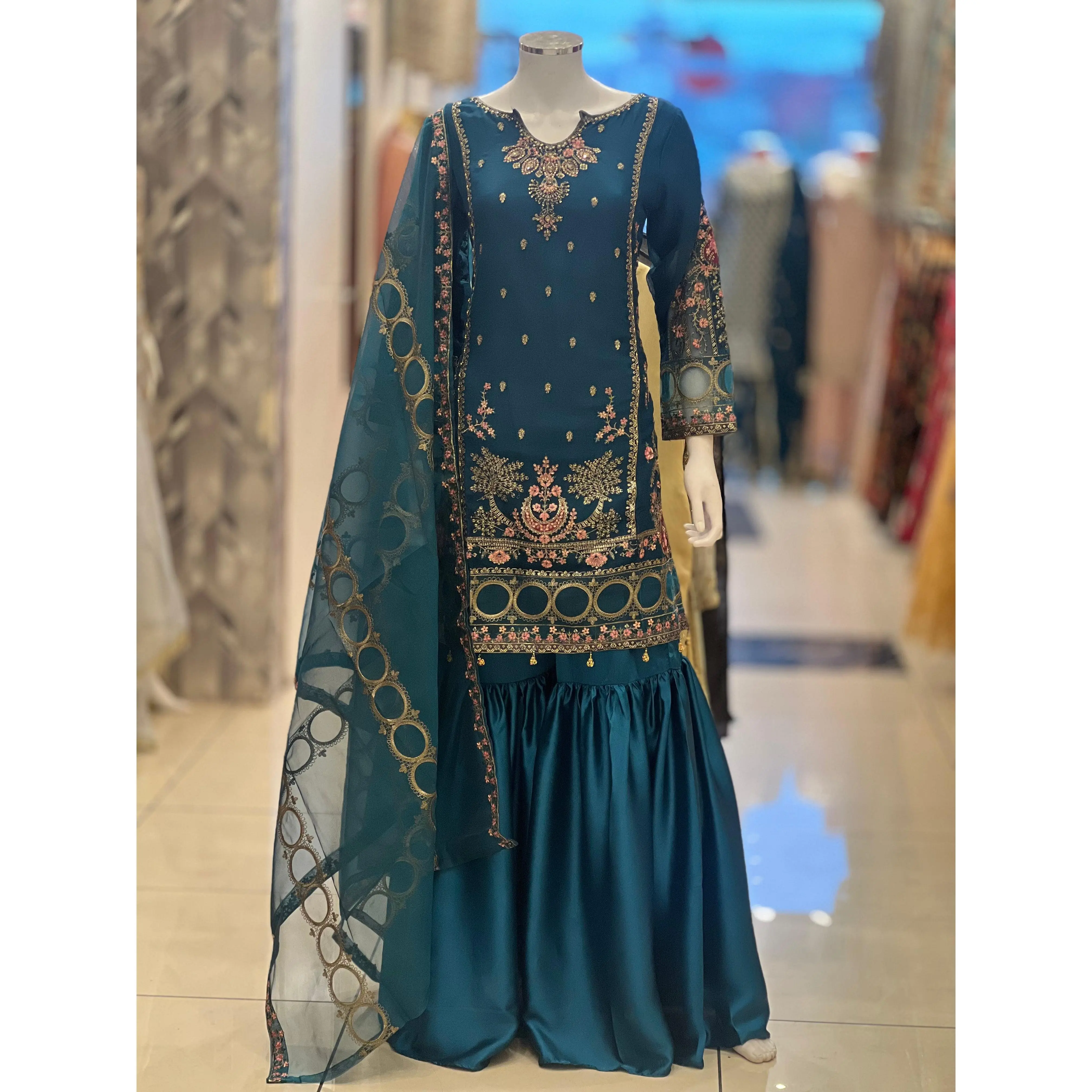 Kashish Vol - 2 Chiffon Shirt With Silk Garara & Net Scarf Eid Collection 2024 -RN05 - Teal