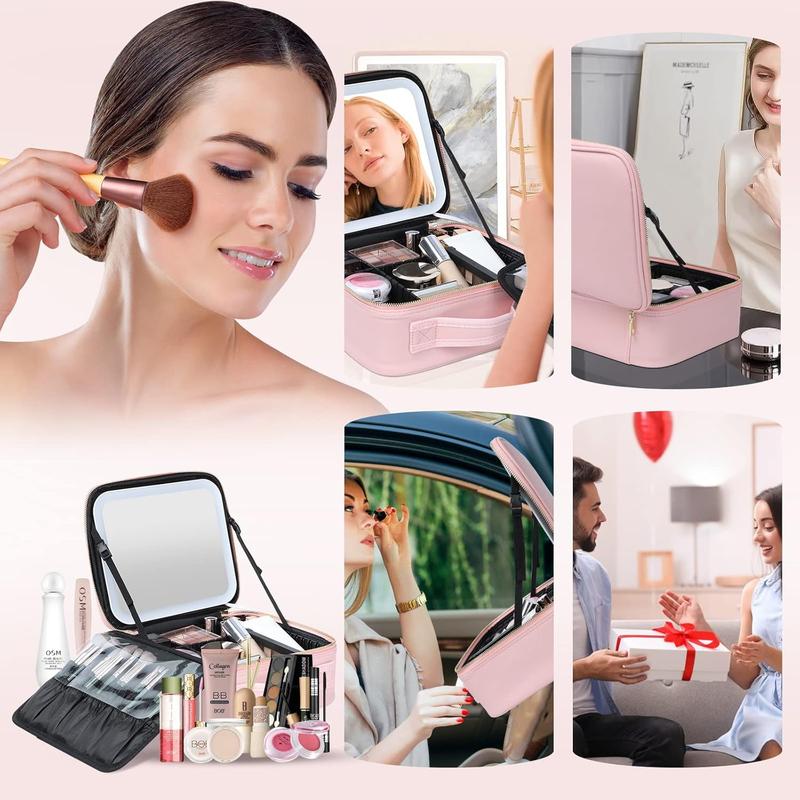 Travel Makeup Bag with LED Light Mirror 3 Color Adjustable Brightness, Waterproof Cosmetic Case Organizer with DIY Dividers, Toiletry Makeup Case Christmas Gift for Her 1