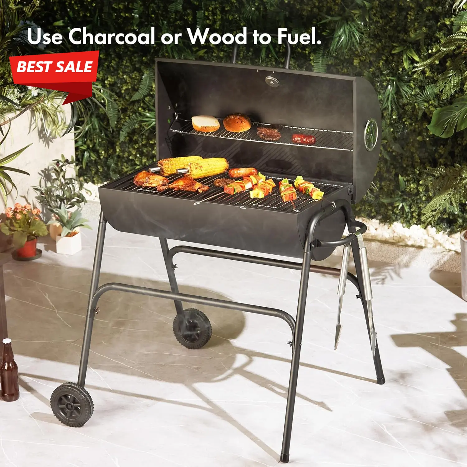 Charcoal BBQ – Portable Barrel Barbecue with Warming Rack, Temperature Gauge, Wheels, Large Cooking Grill, Air Vents – 2 in 1 Barbeque and Smoker – Grill Meat, Fish & Vegetables  [Plus A Free Gift]
