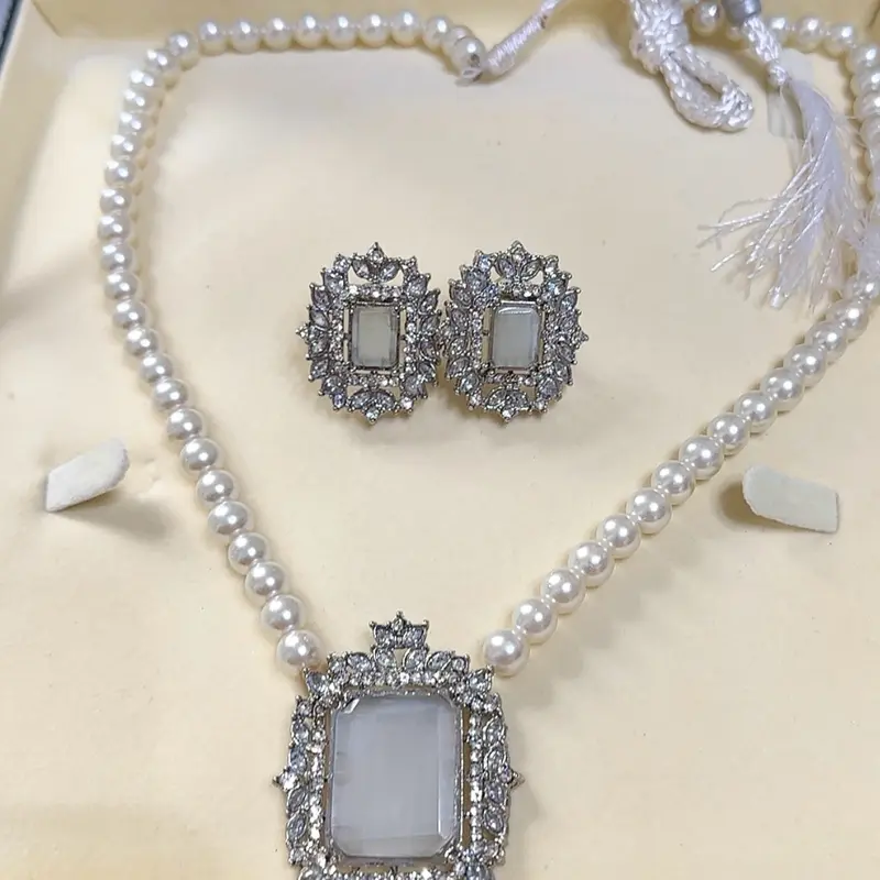 Pearl zirconia mala set with studs Auspicious MJB05 3
