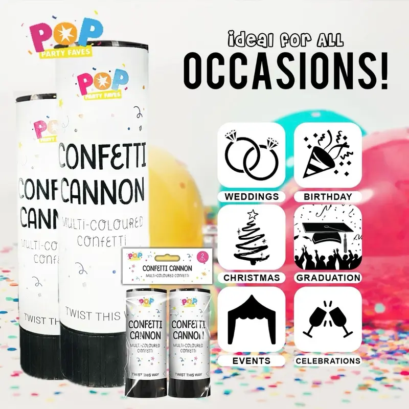 Party Confetti Cannon Large 2pk Party Poppers Compressed Air Wedding Events Burst Pack 1