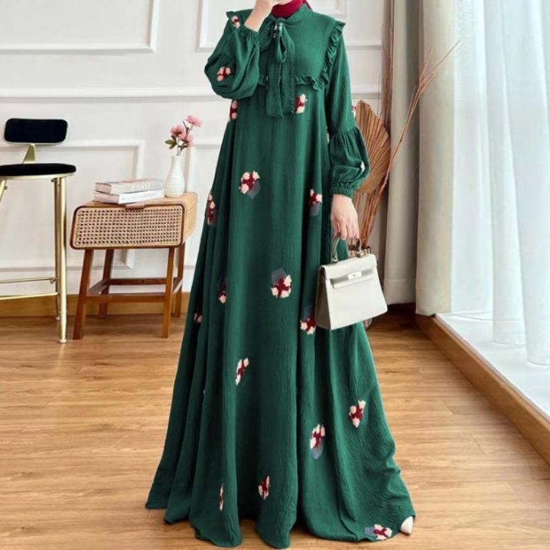 Hot Sale M2379 Hot Sale New Embroidered Lace-Up Collar Long Sleeve, Stylish and Elegant Muslim Dress 1