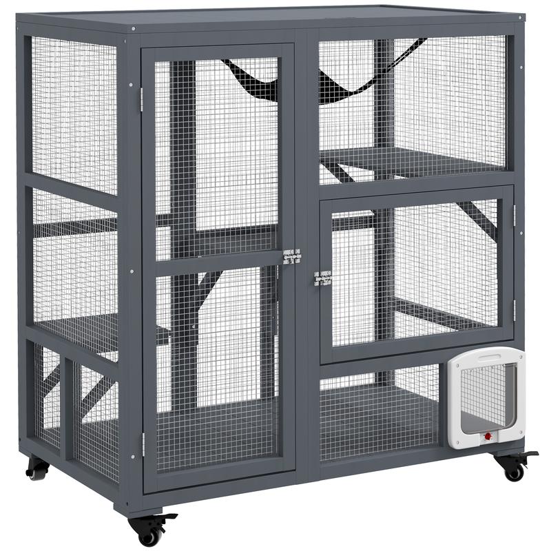 Product Introduction of Cat Cage House, Catio Cat Outdoor Enclosure on Wheels, Weather-Resistant Wooden Kitty Cage with Platforms, Hammock, 100L x 60W x 110Hcm - Light Grey 3