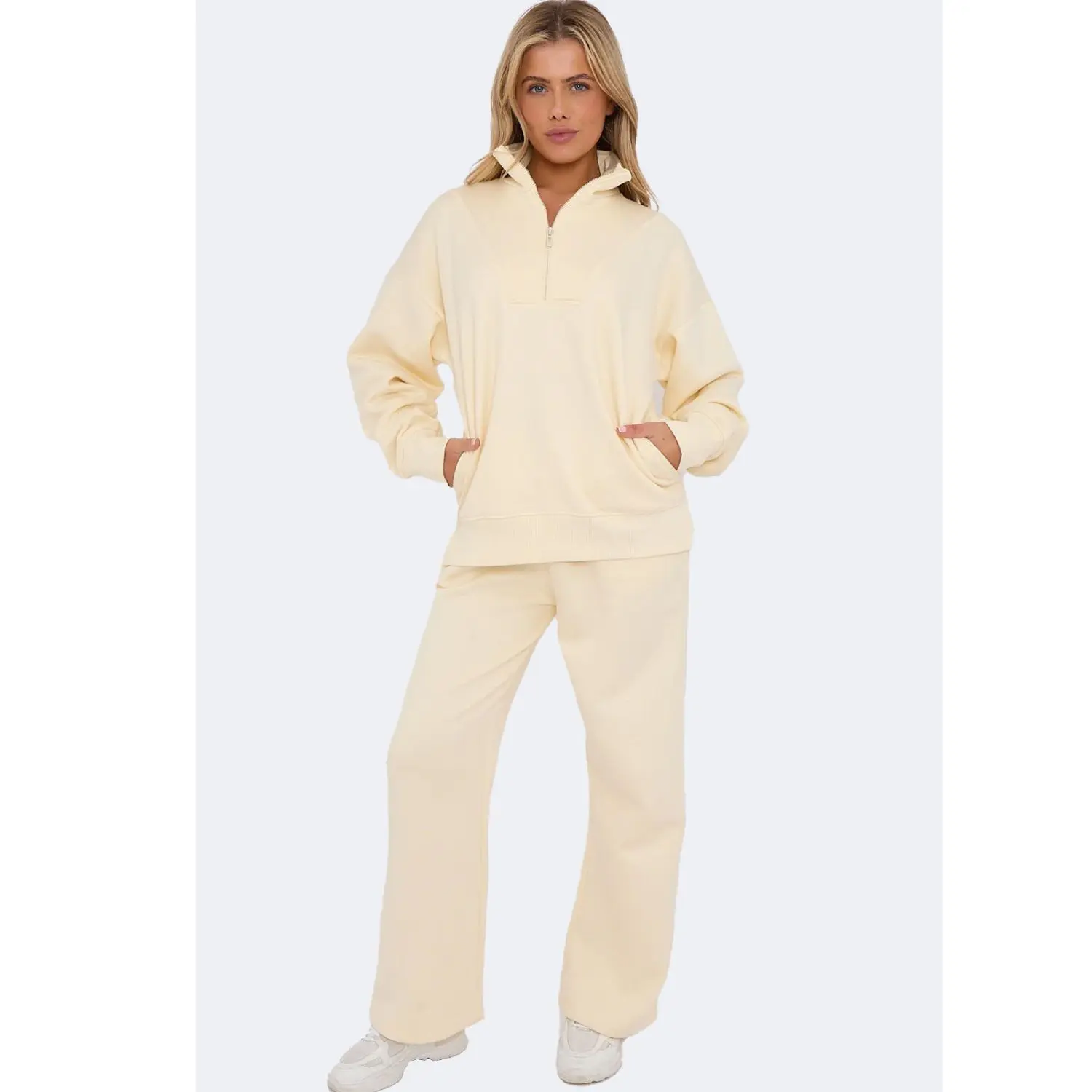 Women's Solid Quarter-Zip Fleece Co-Ord Jumpsuit Ladies Oversized Casual Winter Top & Joggers Set