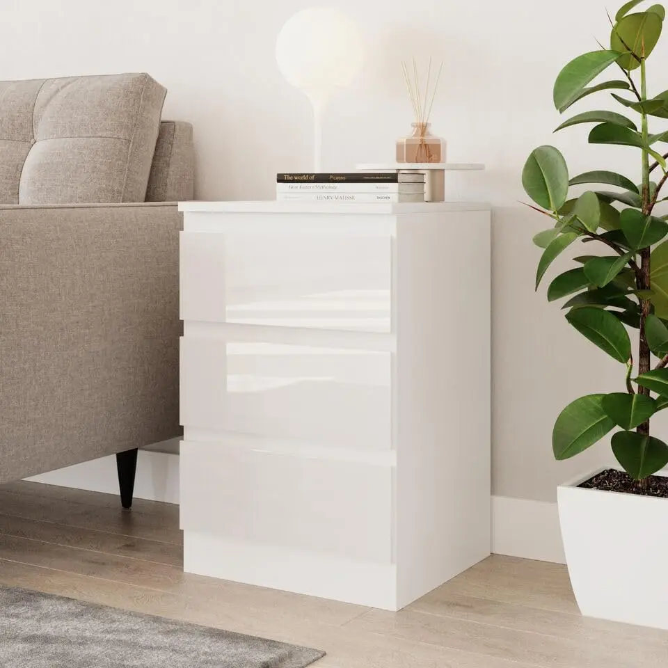 62cm High Gloss Bedside Chest of Drawers - 3 Drawer Bedroom Storage Cabinet with Smooth Metal Runner - Modern Dresser Bedside Table for Bedroom Living Room Office Hallway