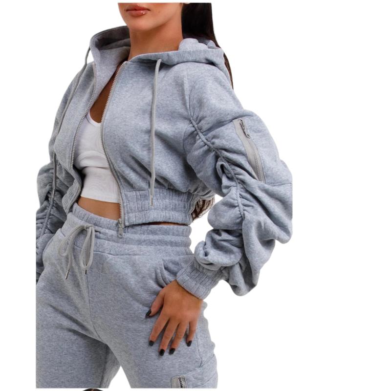 Women's Crop Rushed Hooded Zip set Oversized 2 Piece Loungewear Tracksuit Co-Ord Joggers  Top Set Size 8-16 Comfort Long Sleeve Womenswear Breathable Casual Comfortable Fitness Pants Coat Drawstring Pockets Soft Stretchy  Trouser Fabric viral  lounge 5