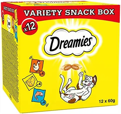 12 Pack Box - Dreamies Cat Treats Variety Pack, snacks with chicken, salmon flavour and cheese (12 x 60 g)