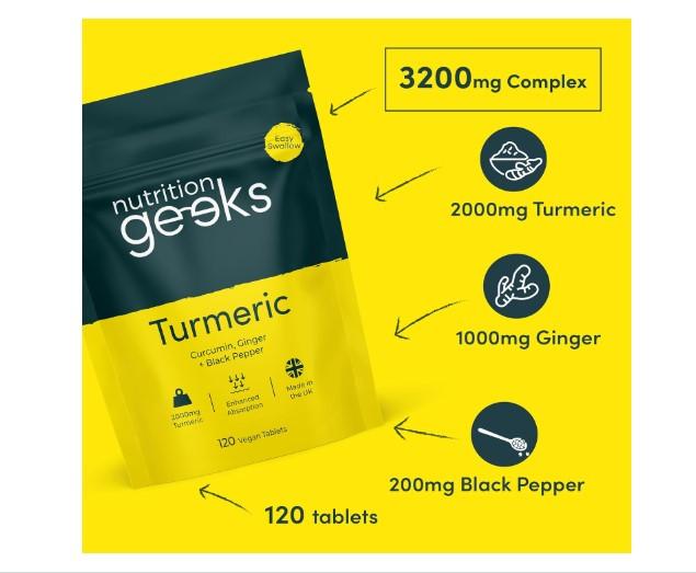 Nutrition Geeks Turmeric Tablets 2000 mg with Black Pepper & Ginger, High Strength Curcumin Supplements, Vegan and Gluten Free, UK Made, 120 Count 3
