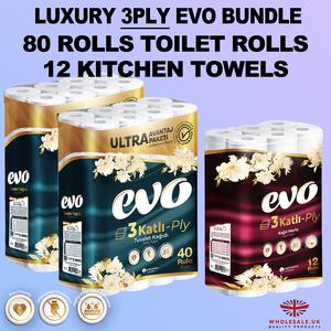 LUXURY 3PLY EVO BUNDLE! 80x Luxury Evo Toilet Rolls 3ply, 12x Kitchen Towel, Ultra Advantage Pack, Degradable and Recyclable Wipes Set Pack Disposable