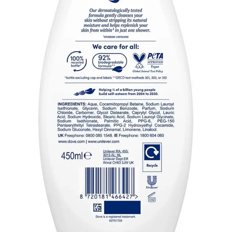 Dove Hydrate Body Wash - Gentle Cleansing for Soft Skin, 6x 450 ml - Deodorant, Moisturizing, Smoother, Mild, Smooth Moisturizer 4