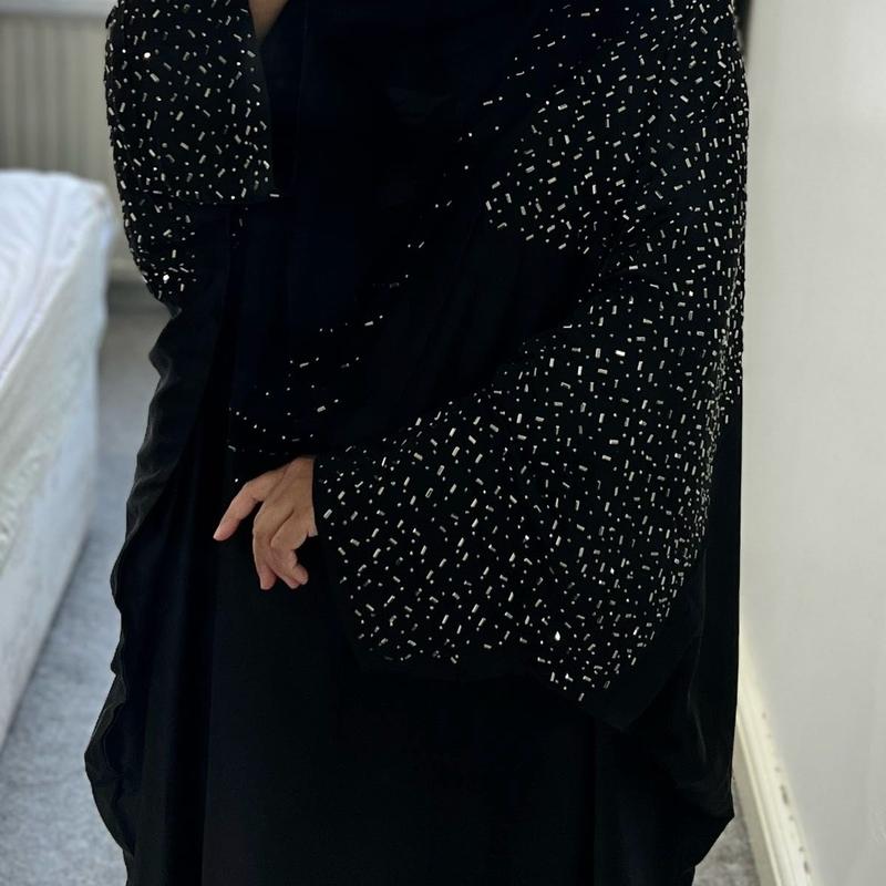 Halima Butterfly Satin Kaftan Abaya with attached Belt inside and matching hijab 8