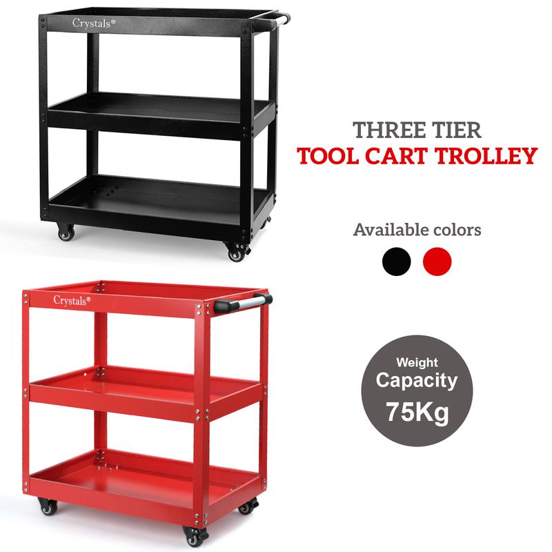 Crystals Heavy Duty Tool Trolley with 3-Tier Wheel Cart for Garage and Workshop Storage, DIY Red/Black 0