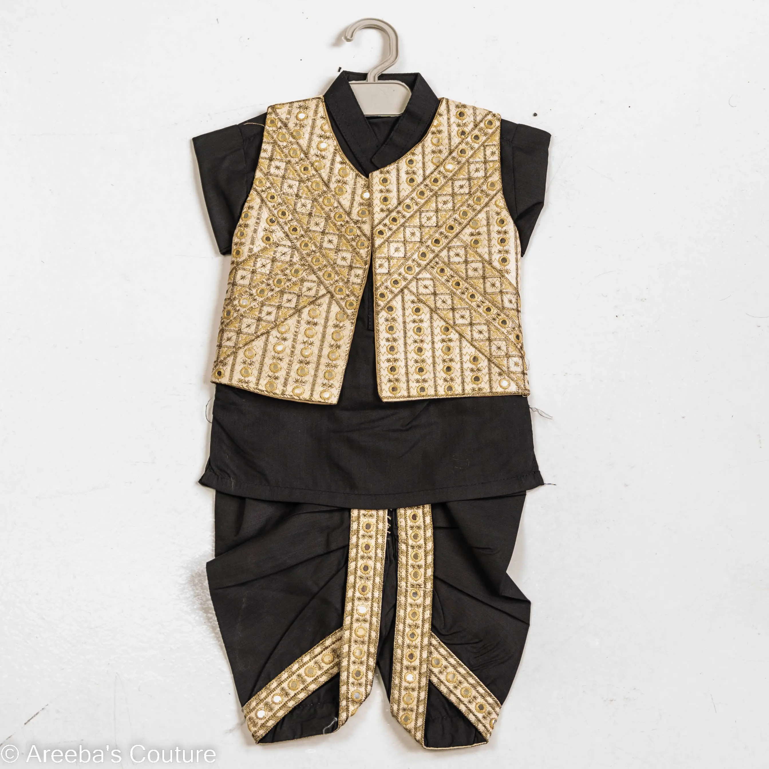 Boys black dhooti shalwar suit with waistcoat