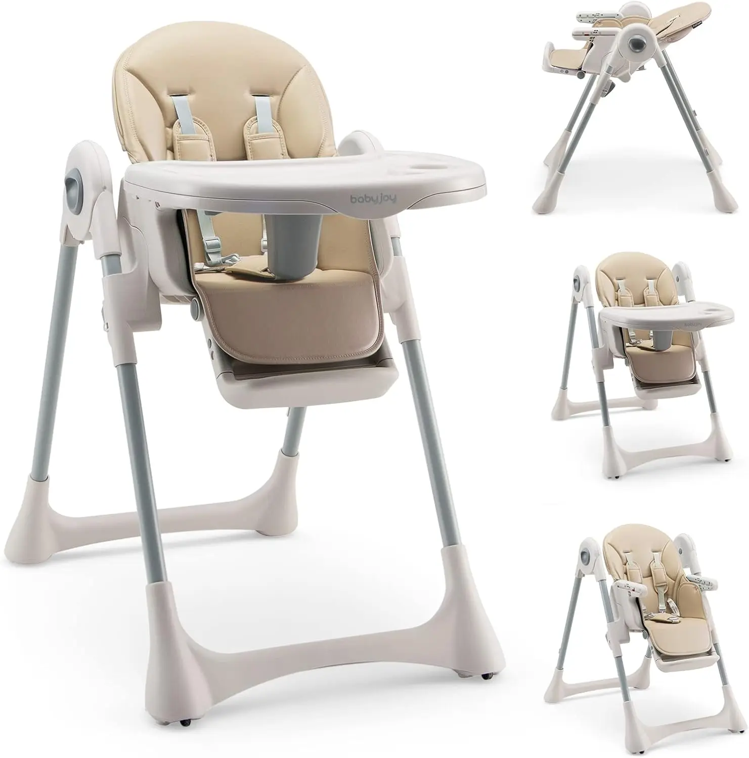 COSTWAY - Adjustable Baby Highchair, Foldable Reclining Infants High Chair with Removable Double Trays, Safety Harness and Footrest, Suitable for from 7 Months to 25kg