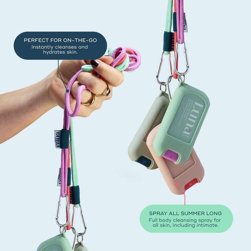 The Everywhere Spray-To-Wipe Mini + Lanyard Set - Full body cleansing spray. Powered by our [THERMA-BIOME+] complex: thermal water, prebiotics & vitamins. Go hands free with our lanyard for travel, festivals, summer trips & everywhere else. 4