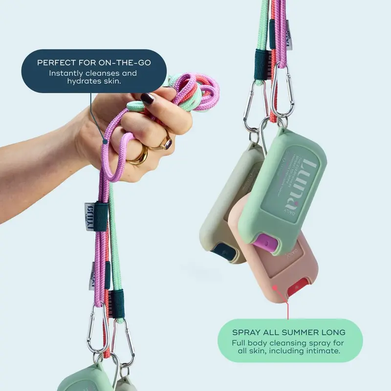 The Everywhere Spray-To-Wipe Mini + Lanyard Set - Full body cleansing spray. Powered by our [THERMA-BIOME+] complex: thermal water, prebiotics & vitamins. Go hands free with our lanyard for travel, festivals, summer trips & everywhere else. 4