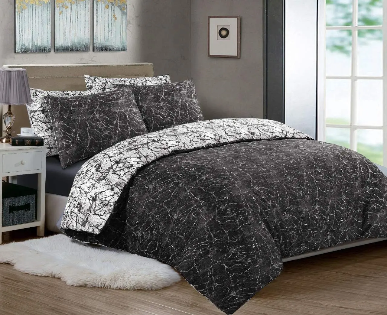 100% Super Soft Fiber Reversible Marble White Charcoal Duvet Cover Set with Pillowcases - Soft and Cozy