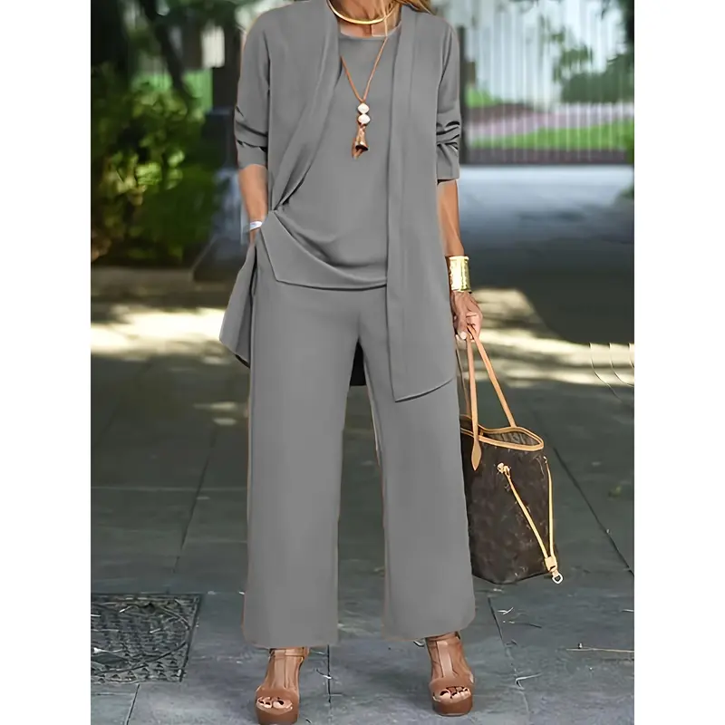 Casual Three-piece Solid Set, Long Sleeve Cardigan & Top & Long Pants Outfits, Women's Clothing 0