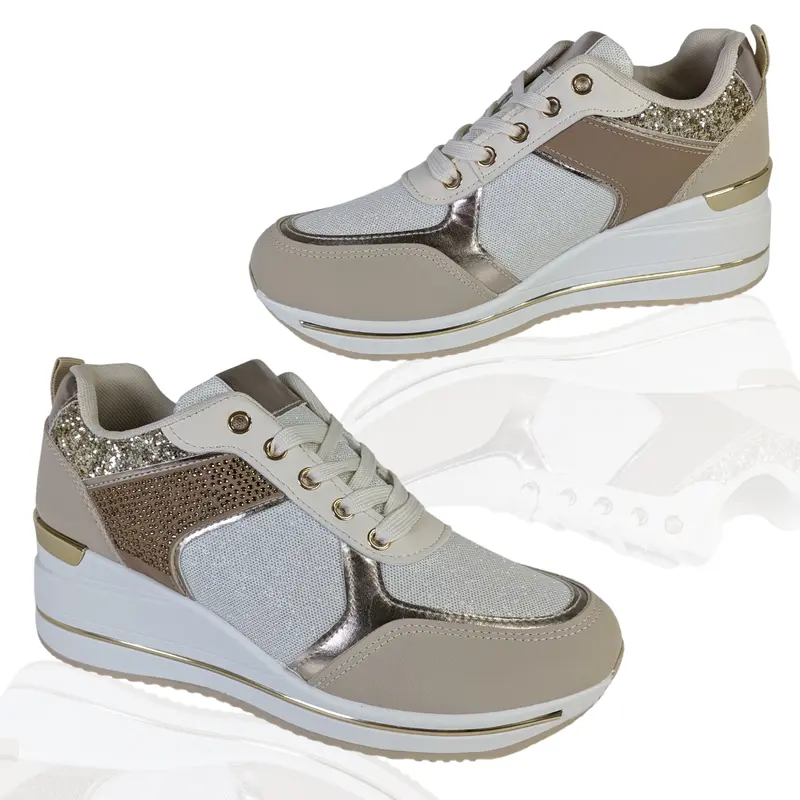 WOMENS LADIES GIRLS FOOTWEAR HIDDEN HEELS DIAMANTEE CONTRAST METALLIC TRAINERS SHOES CASUAL OUTDOOR STYLISH HIDDEN WEDGE LACE UP GYM SHINY TRENDY SHOE IN GOLD GYM SHOES WORKOUT JOGGING ACTIVEWEAR SIZES 3-8 Runner Training Sports Shoes Athletic 7