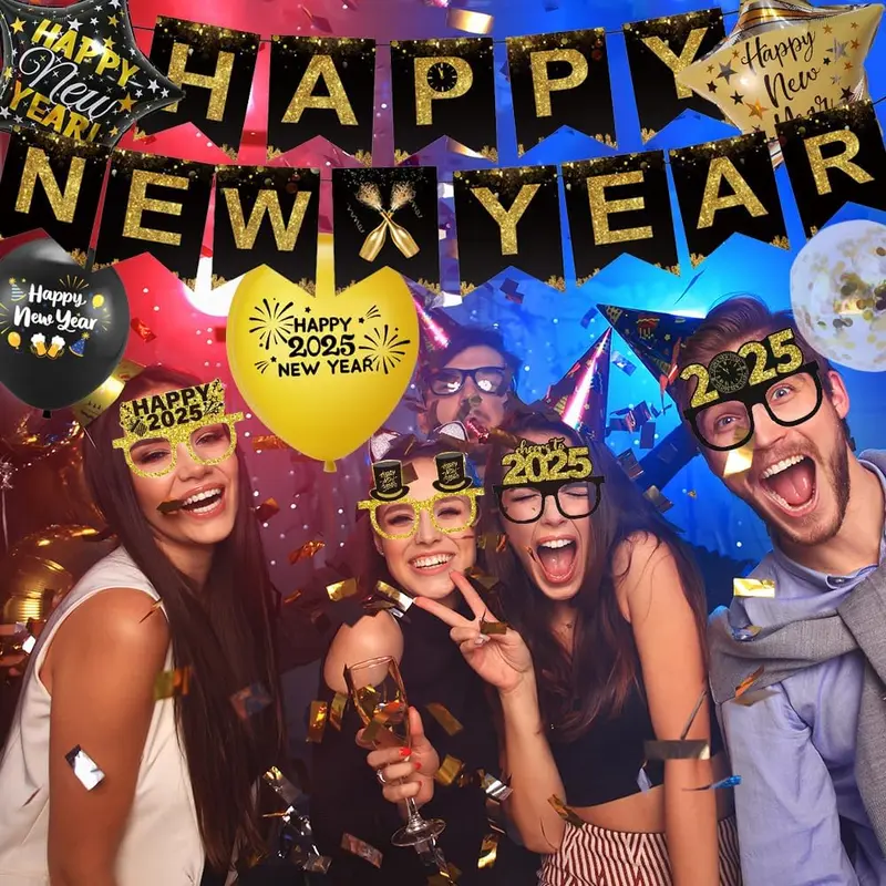 Happy New Year 2025 Party Decorations - Banner, Glasses, Latex Balloons, and Foil Swirl Streamers 6