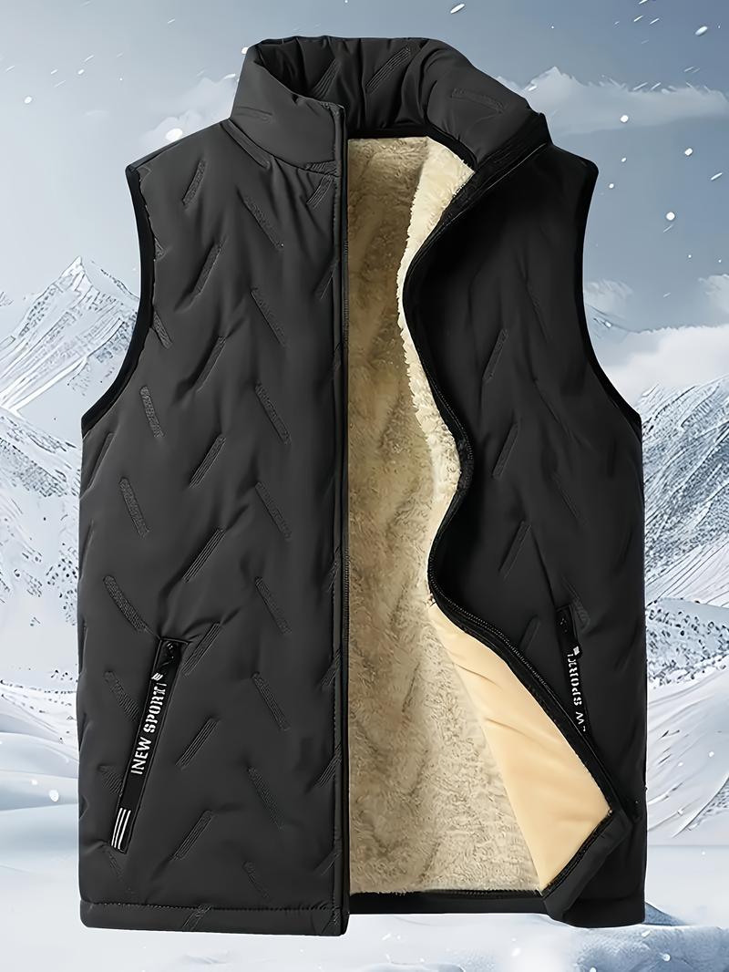 Product Introduction of Men's Fleece Lined Solid Color Textured Sleeveless Puffer Vest - Trendy Comfy Warm Vest Outdoor Clothes For Winter, Outdoor Cloth 4