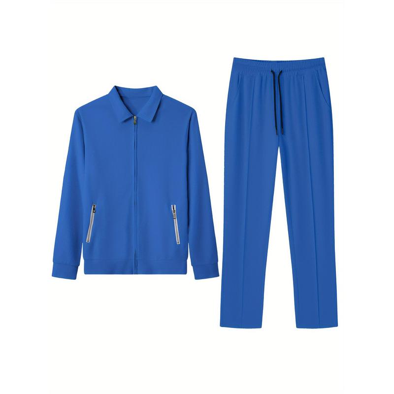 [2-Piece Breathable Comfy Outfit] Men's Casual 2-Piece Outfit, Solid Color Jacket & Drawstring Pants Set, Breathable Comfy Full Zip Jacket & Pants Set 6