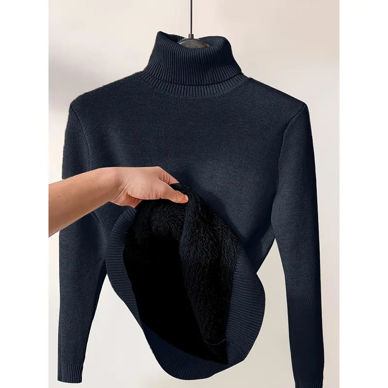 Solid Turtle Neck Pullover Sweater, Casual Long Sleeve Thermal Sweater For Fall & Winter, Women's Clothing 5