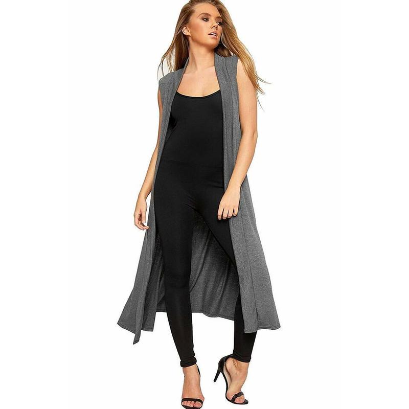 Womens Ladies Sleeveless Maxi Long Length Boyfriend Cardigan Collared Top Long Duster Jacket Coat Ladies Blazer Waistcoat Casual Light Womenswear Garment Party Soft Stretchy 3