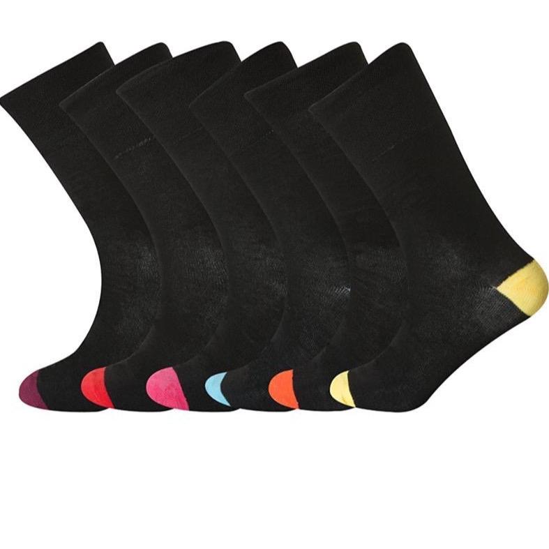 6 Pairs Men’s Non-Elastic Diabetic Black With Colour Heel & Toe Socks for Men - Rich Cotton Fabric - UK Size 6-11 - Day Menswear Soft Comfy Top Plain 1