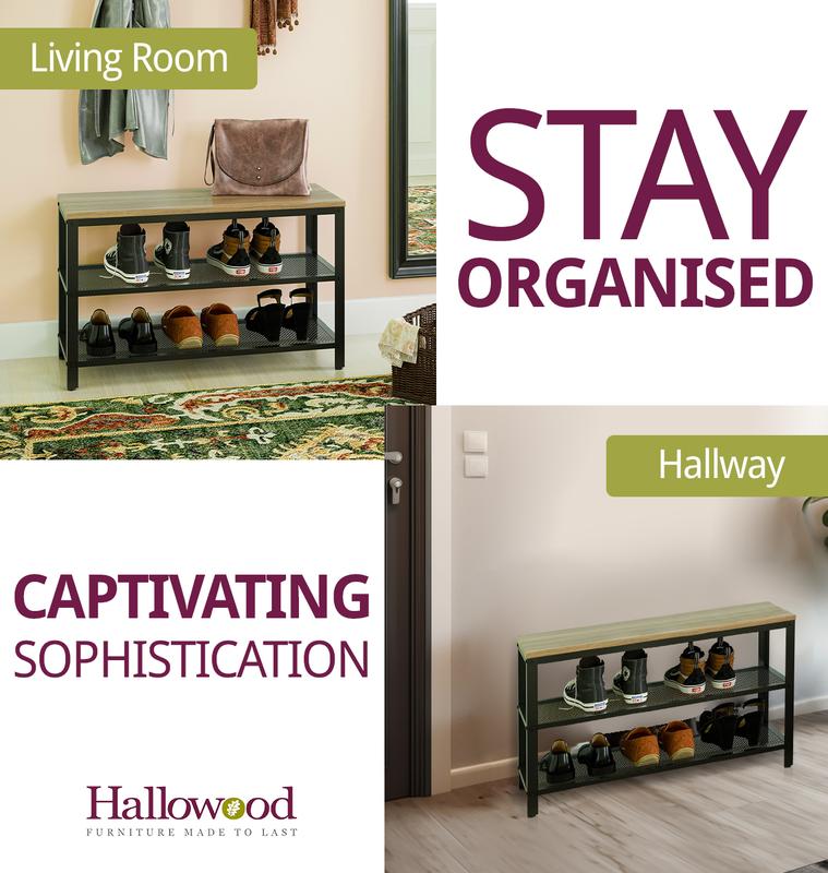 Hallowood Furniture Malvern 2 Tier Metal Shoe Rack with Wooden Oak Effect Top, Modern Shoe Storage, Shoe Rack Storage Organiser Shelf, Small Entryway Bench, Narrow Shoe Rack for 6 Pairs of Shoes 5