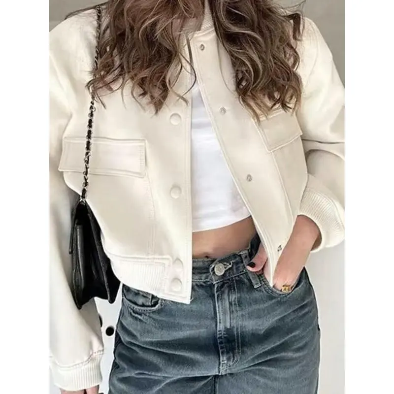 Women's Plain Flap Pocket Crop Bomber Jacket, Designer Jacket, Casual Comfort Long Sleeve Button Front Varsity Jacket, Lady Outerwear for Daily Wear, Womenswear, Coat, Winter Outfits, Tops for Women