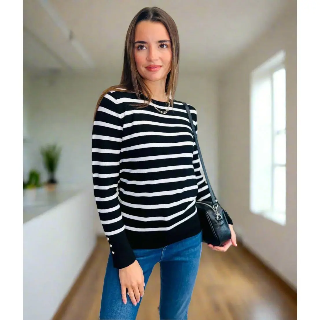 Black & White Striped Button Cuff Jumper Cozy sweater
