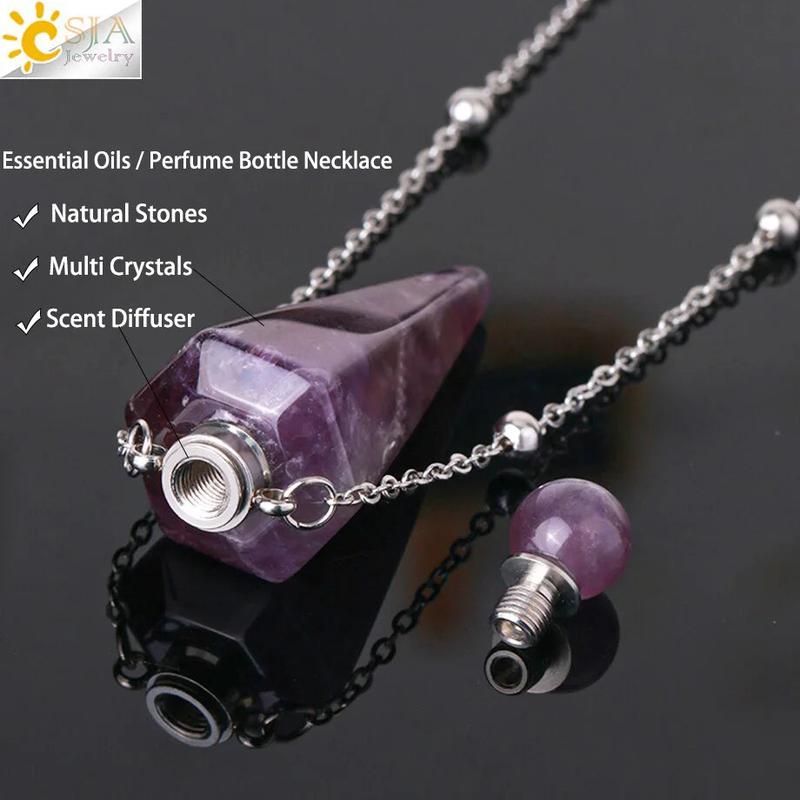 Natural Stone Cone Perfume Bottle Necklace – Healing Clear Quartz Crystal Pendant, Essential Oil Diffuser Vial for Aromatherapy 2