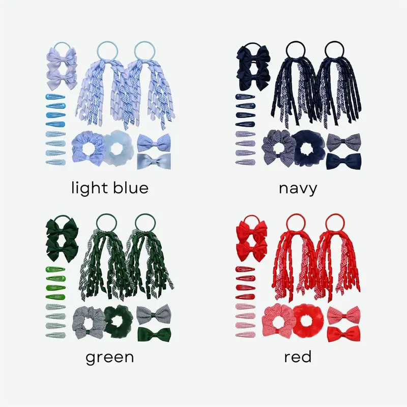 Girl Hair Accessories Set 16 Pieces Hair Ties, Pins, Scrunchies, Ribbon Ponytail Holder Summer School Check Uniform, Red 5