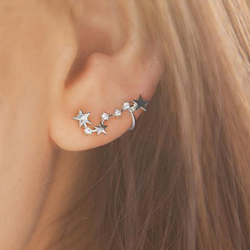Sterling Silver CZ Celestial Stars Ear Pin Crawler Climber Earrings 1