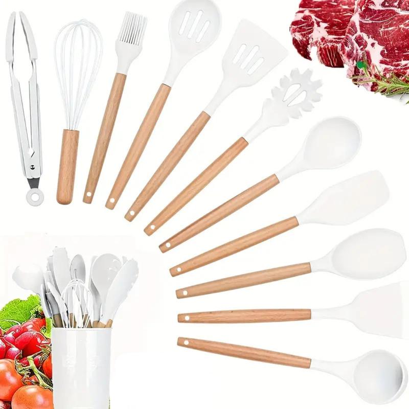 12 Pcs Non-Stick Silicone Cooking Utensils Spatula, Tong, Whisk Set  with Wooden Handle 0