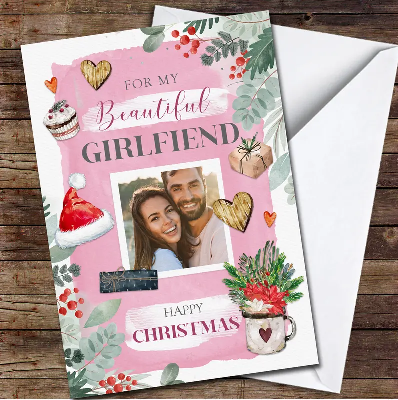 Girlfriend Pink Romantic Hearts Love Photo Any Text Personalised Christmas Card - Personalised Card, Custom Card, Greetings Card 0
